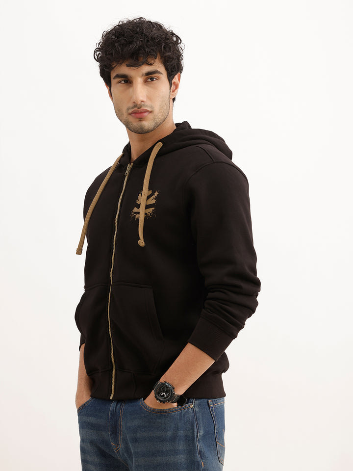 Classic Printed Zipper Hooded Sweatshirt | Black