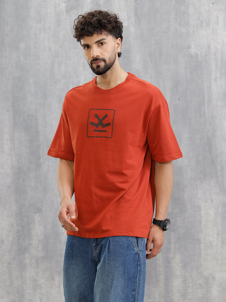 Cross Stitch Inspired 3D Back Print Crew Neck T-Shirt | Rust