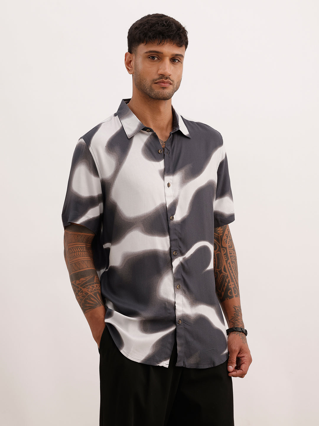 Slim Fit AOP Half Sleeve Shirt | Black | WSH02HSSL0155S