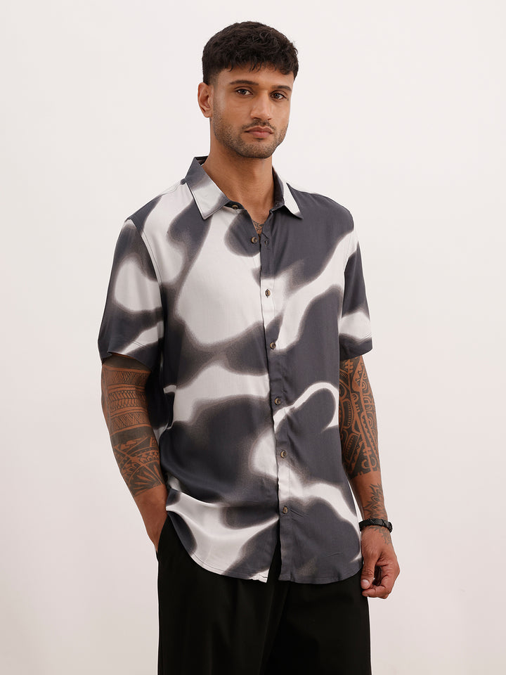 Slim Fit AOP Half Sleeve Shirt | Black