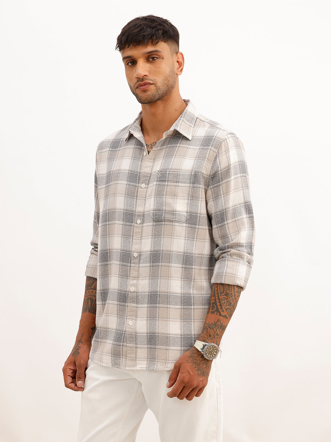 Slim Fit Checkered Full Sleeve Shirt | Grey