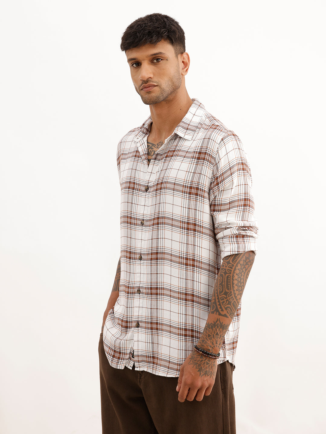 Slim Fit Checkered Full Sleeve Shirt | White