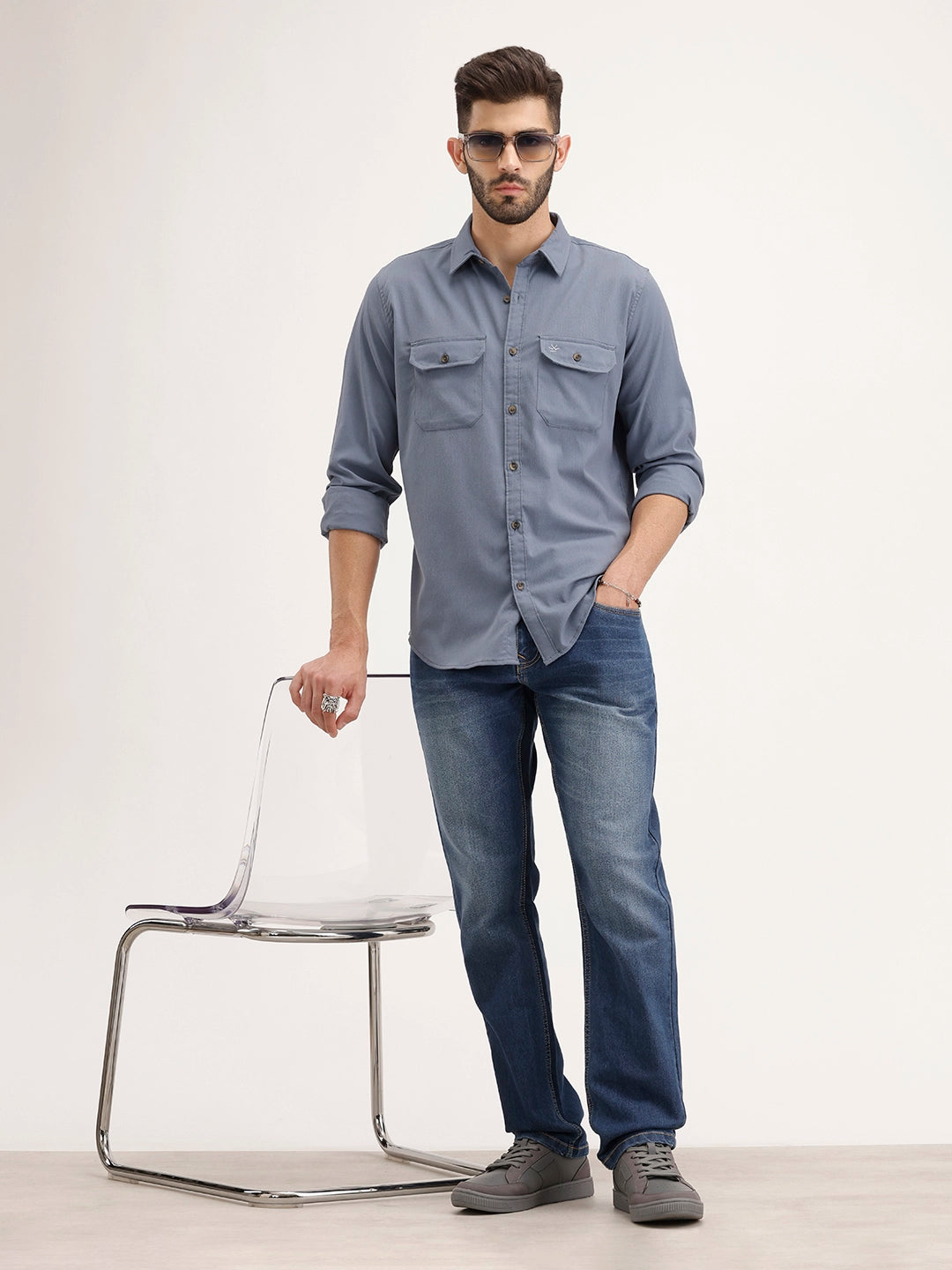 Regular Fit Double Pocket Shirt | Blue