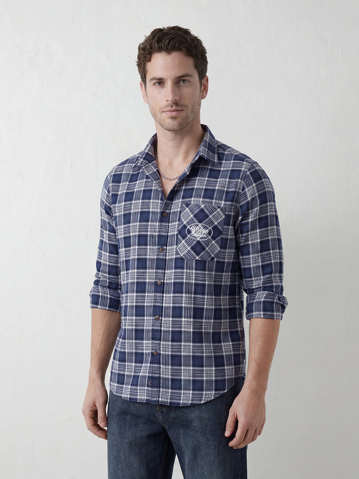 Refined Checks Slim fit Signature Embroidery shirt | Navy Blue