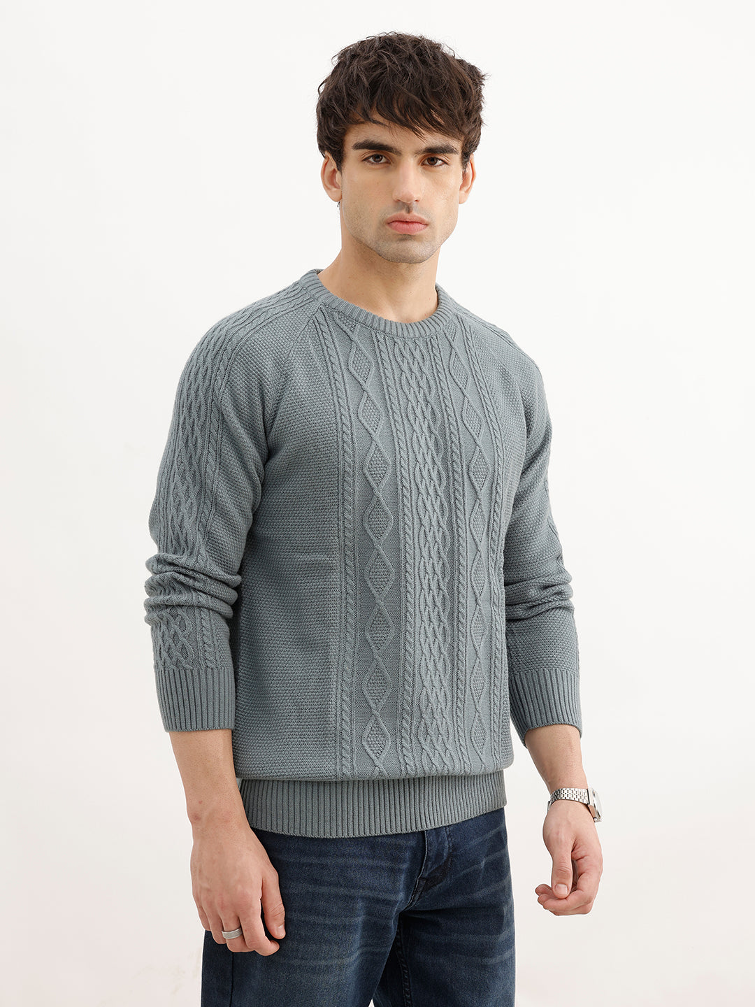 Solid Regular Fit Cable Knitted Sweater | Teal | WSW02FSRE1018W