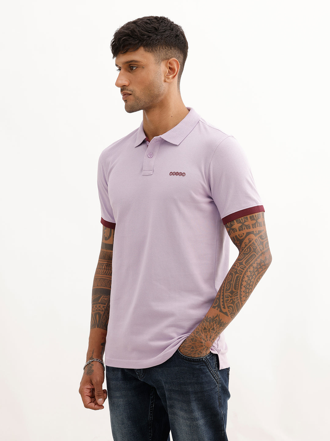Solid Contrast Sleeve Polo T-Shirt | Purple