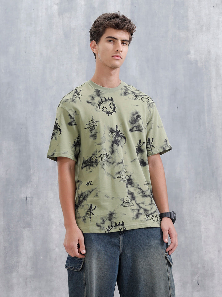 Bizarre Elements Inspired Oversized Aop T-Shirt | Green