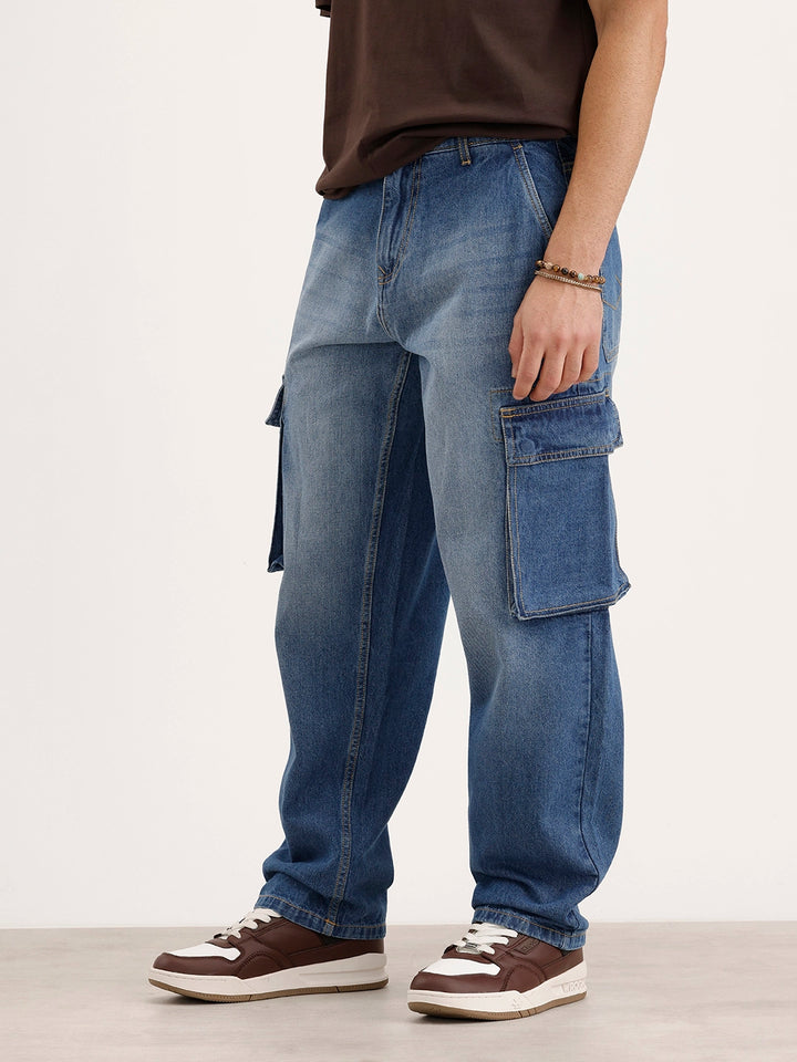 Loose Fit Cargo Denim Jeans | Light Blue