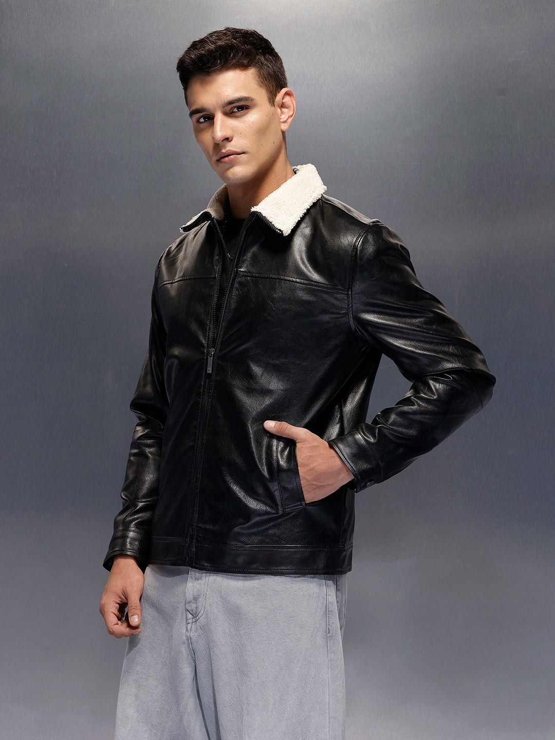 Men's casual jacket with contrast fur collar | Black