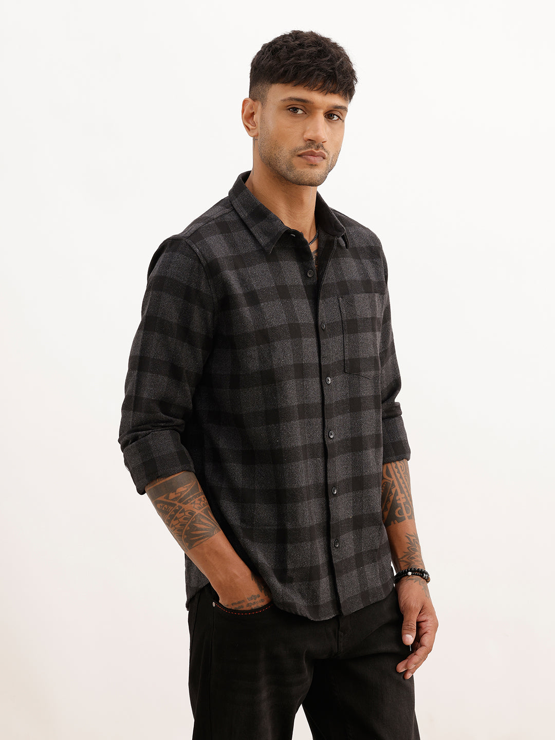 Slim Fit Flannel Full Sleeve Shirt | Black