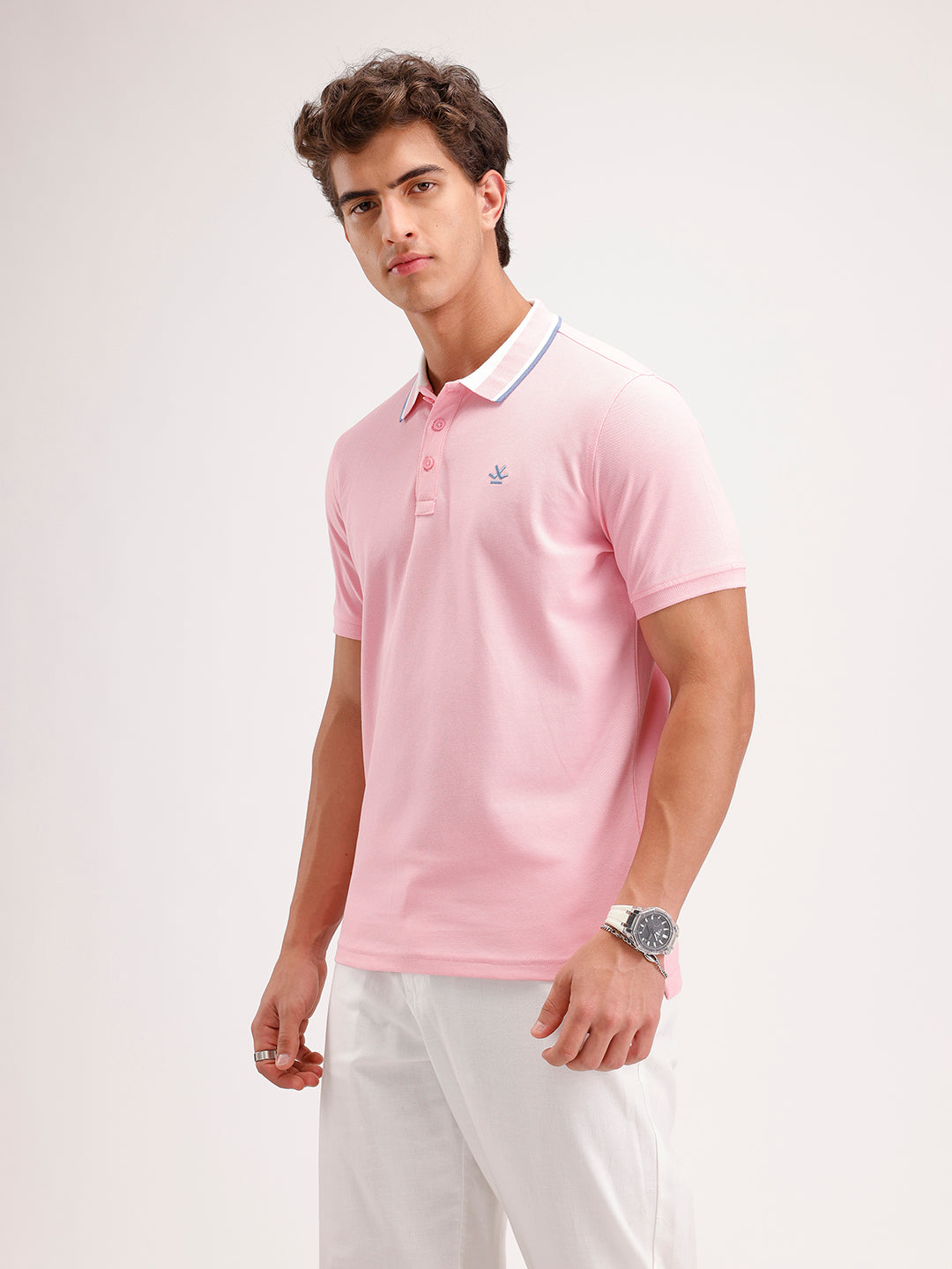 Slim Fit Contrast Collar Polo T-Shirt  | Pink