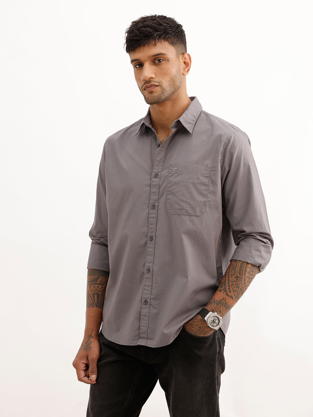 Solid Regular Fit Full Sleeve Shirt | Grey