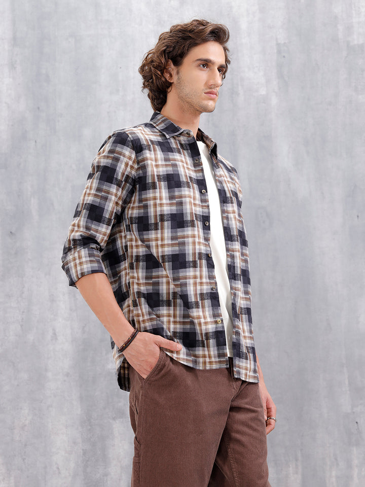Patchwork Multi-Weave Check Slim Fit Shirt | Black