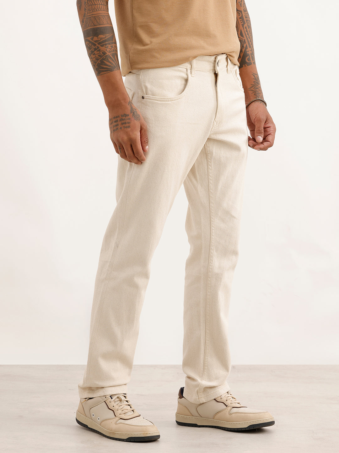 Solid Straight Fit Denim Jeans | Cream