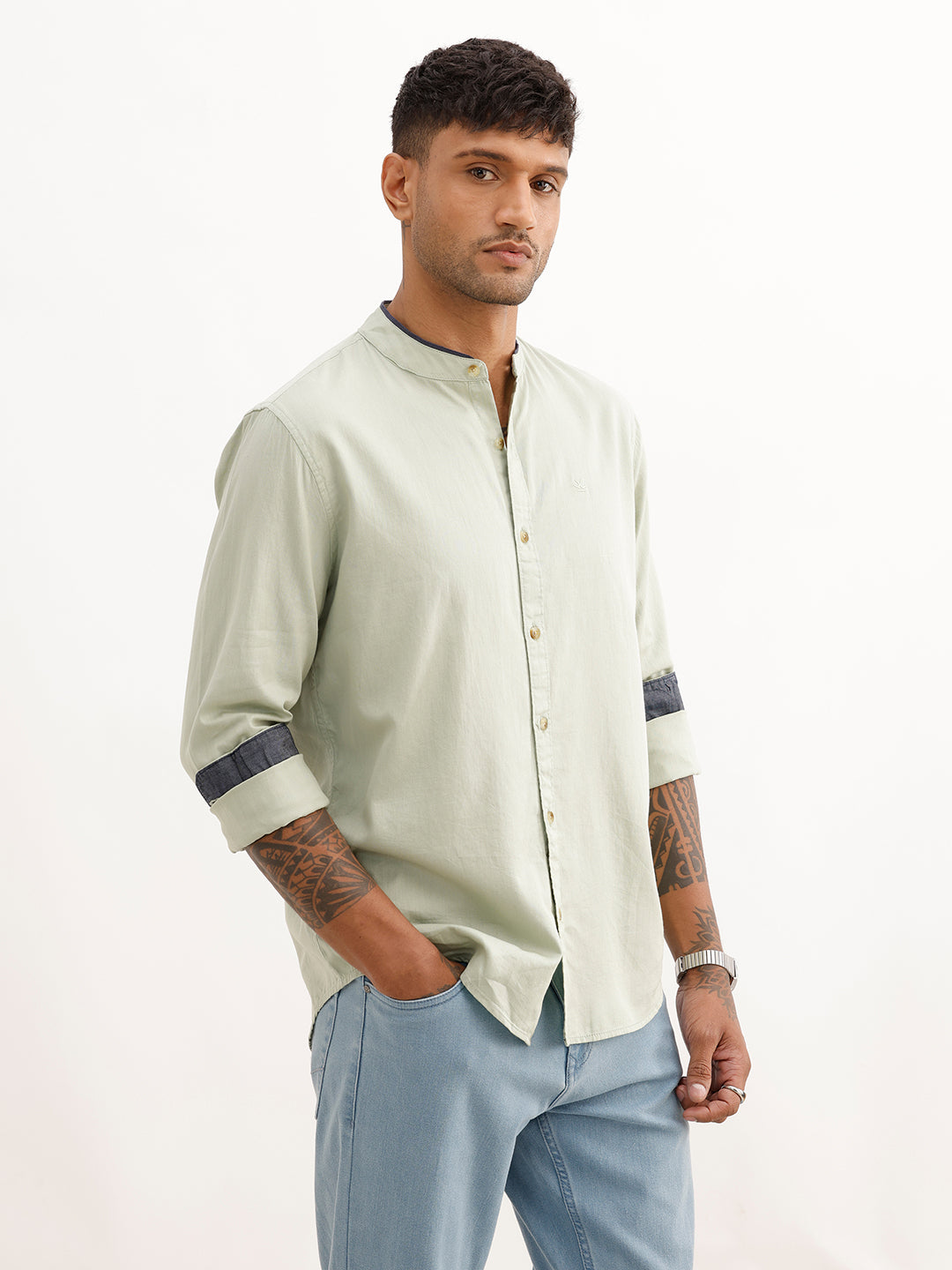 Solid Regular Fit Mandarin Collar Shirt | Light Green