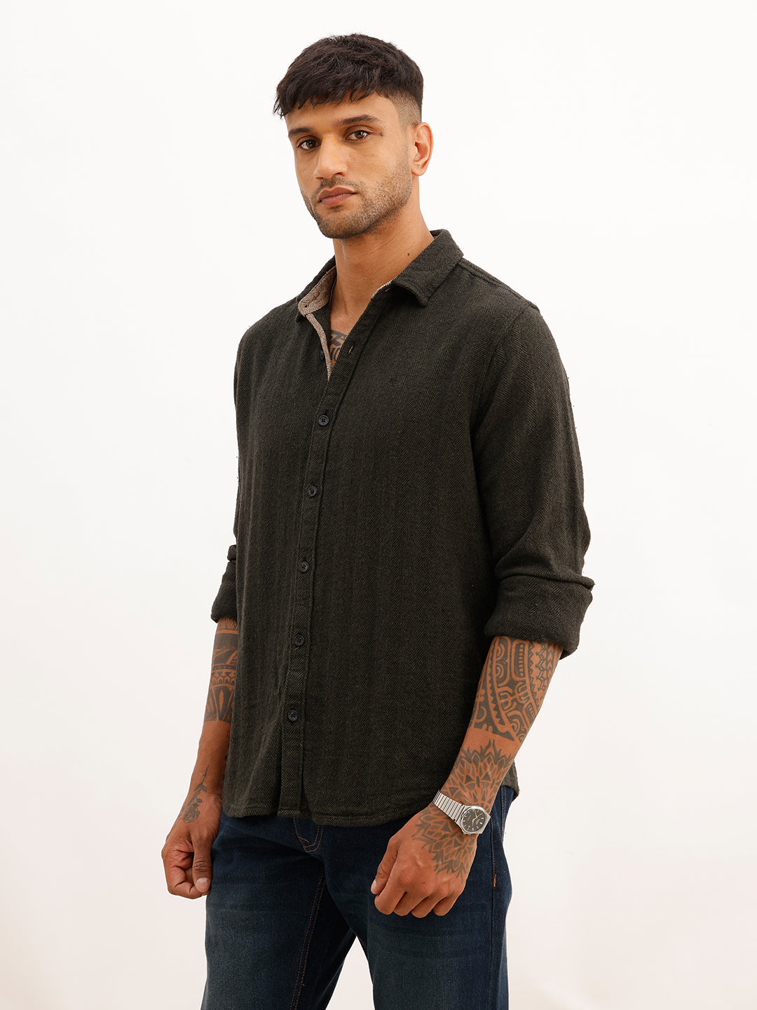 Slim Fit Textured Full Sleeve Shirt | Olive