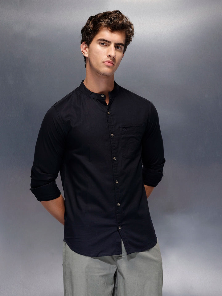 Men's Casual Mandrin Collar Shirt   |  Navy Blue