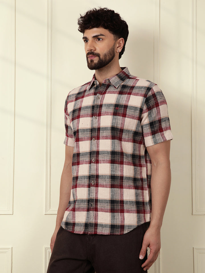 Textured Checks Cotton Shirt | Maroon