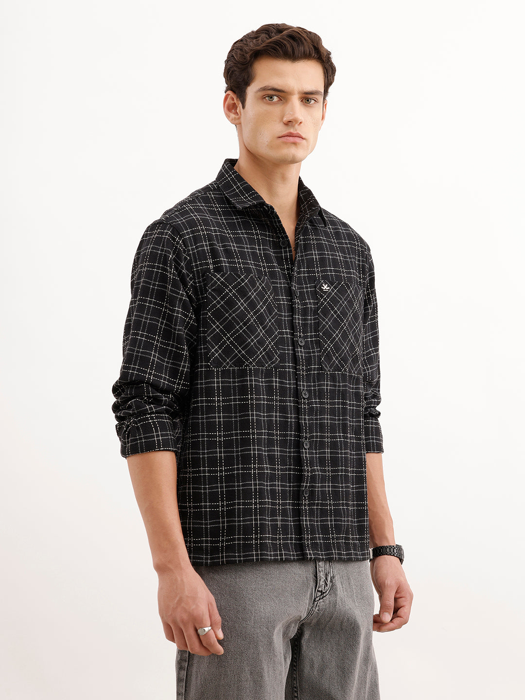 Comfort Fit Textured Double Pocket Shirt  | Black