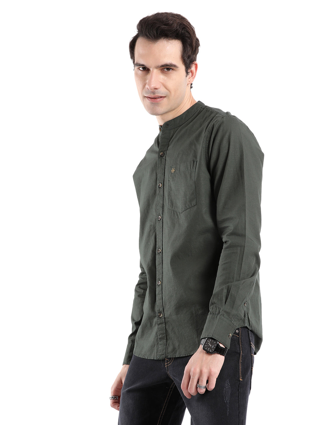 Olive Mandarin Collar Regular Shirt