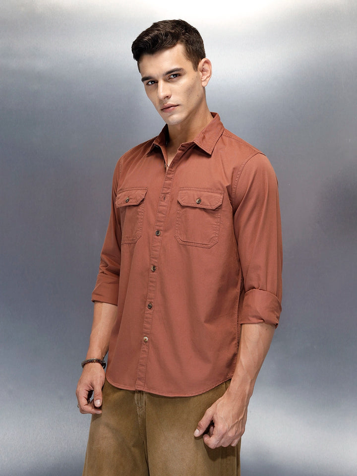 Men's Casual Cargo Double Pocket Shirt | Brown
