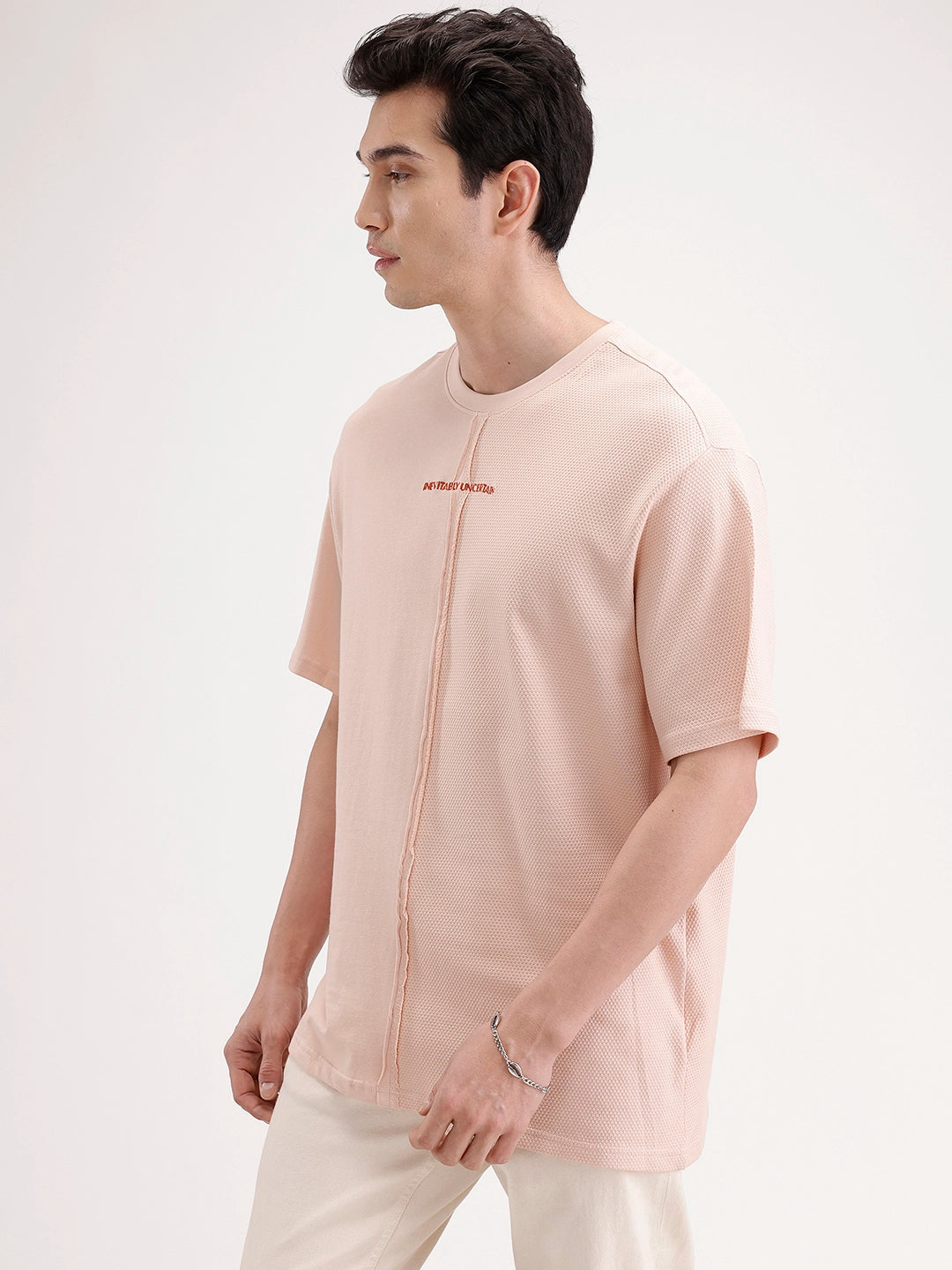 Oversized Popcorn Textured Cut & Sew T-Shirt | Pink
