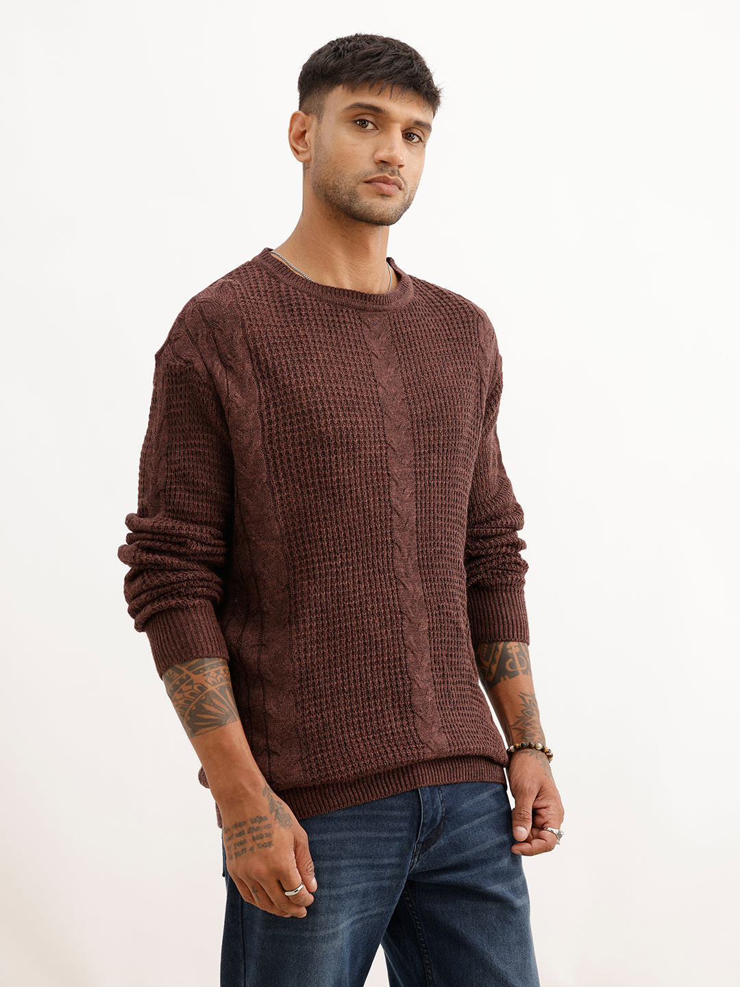 Regular Fit Textured Cable Knit Sweater | Brown