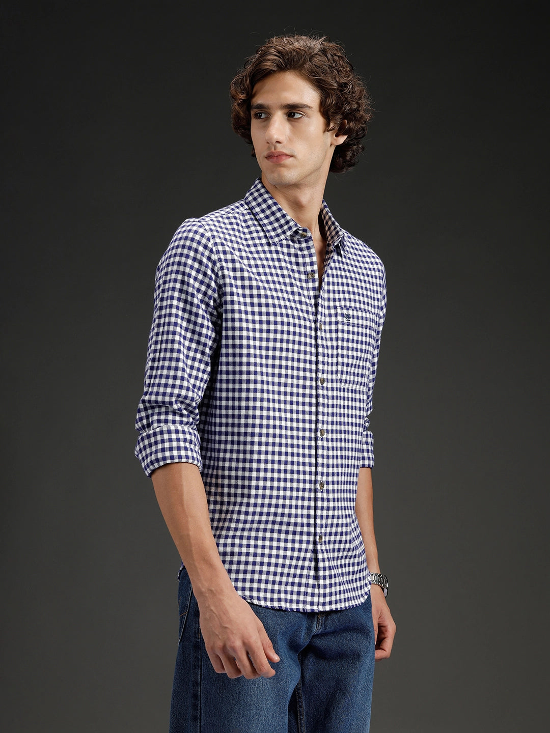 Wrogn Men's Classic Gingham Checked Shirt  | Navy Blue