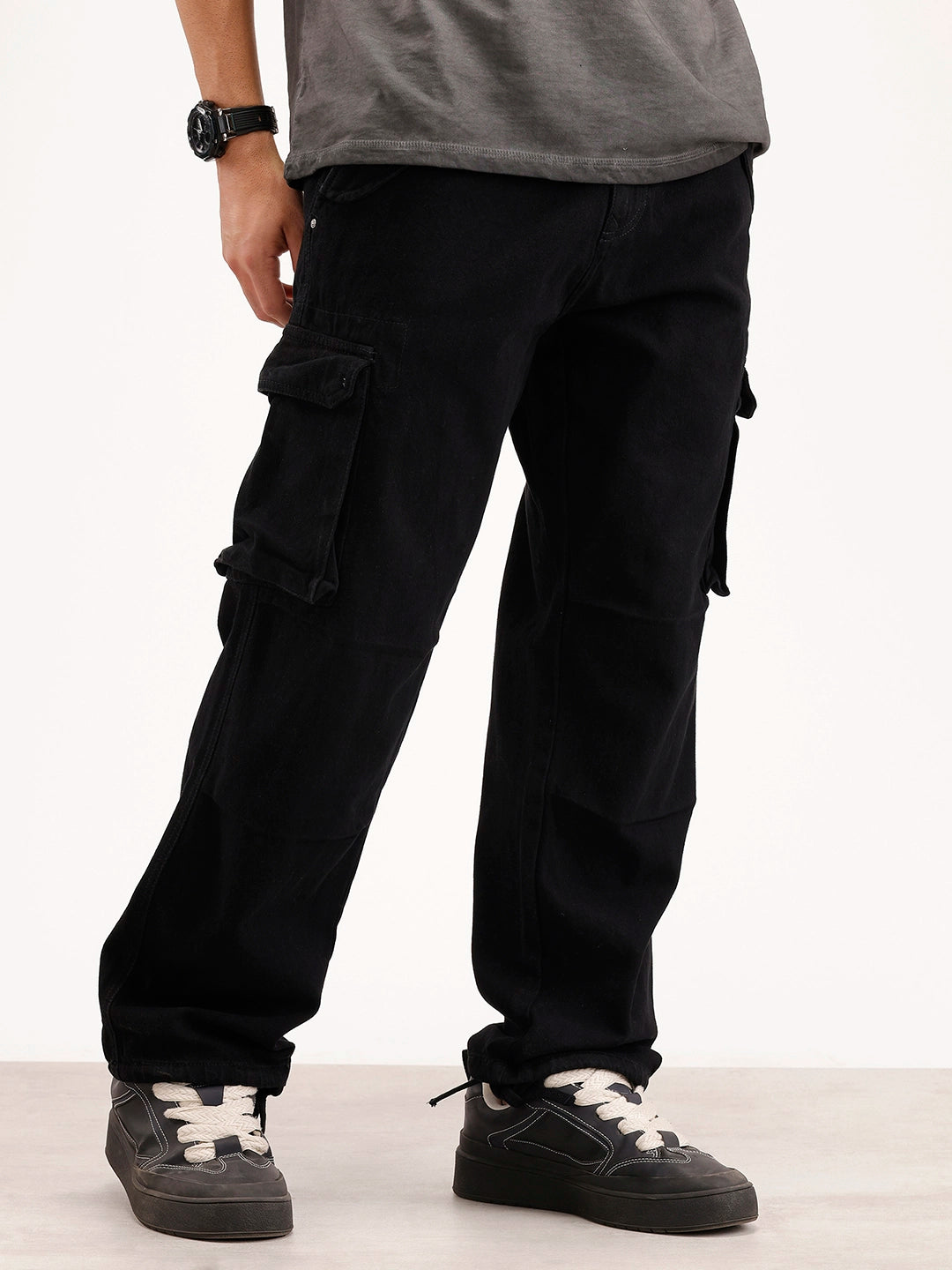 Solid Loose Fit Denim Cargo | Black