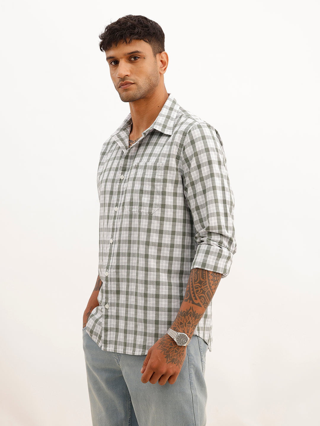 Slim Fit Textured Checked Shirt | Green