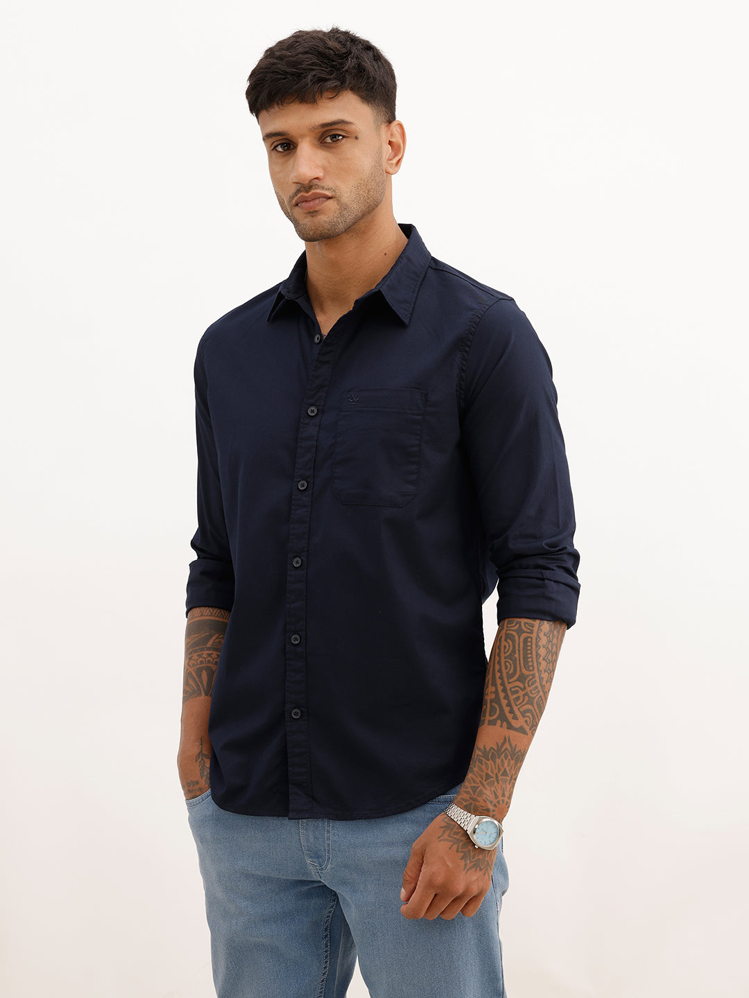 Solid Regular Fit Full Sleeve Shirt | Navy Blue | WWSH0842MAZ