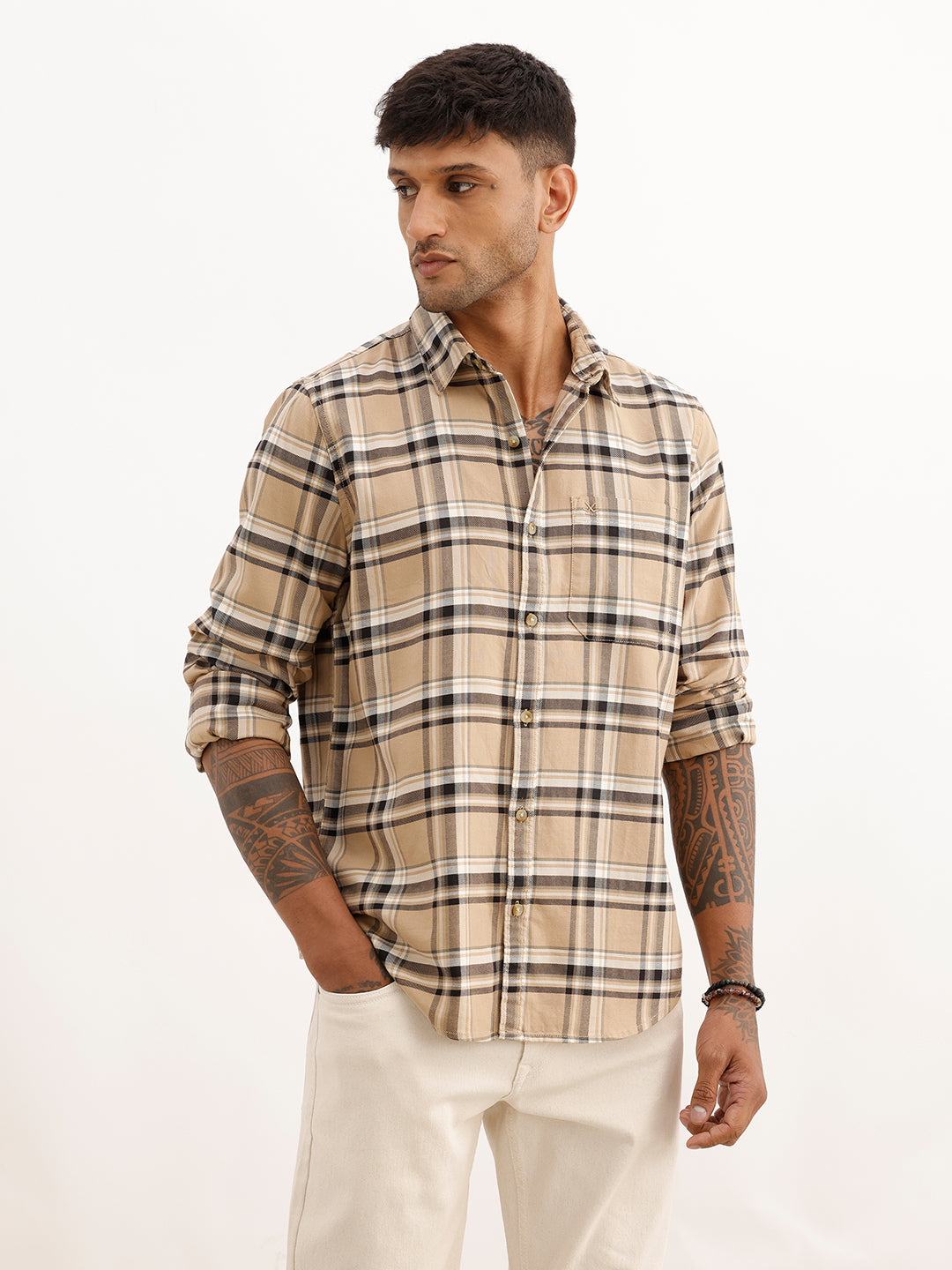 Regular Fit Full Sleeve Checkered Shirt | Beige