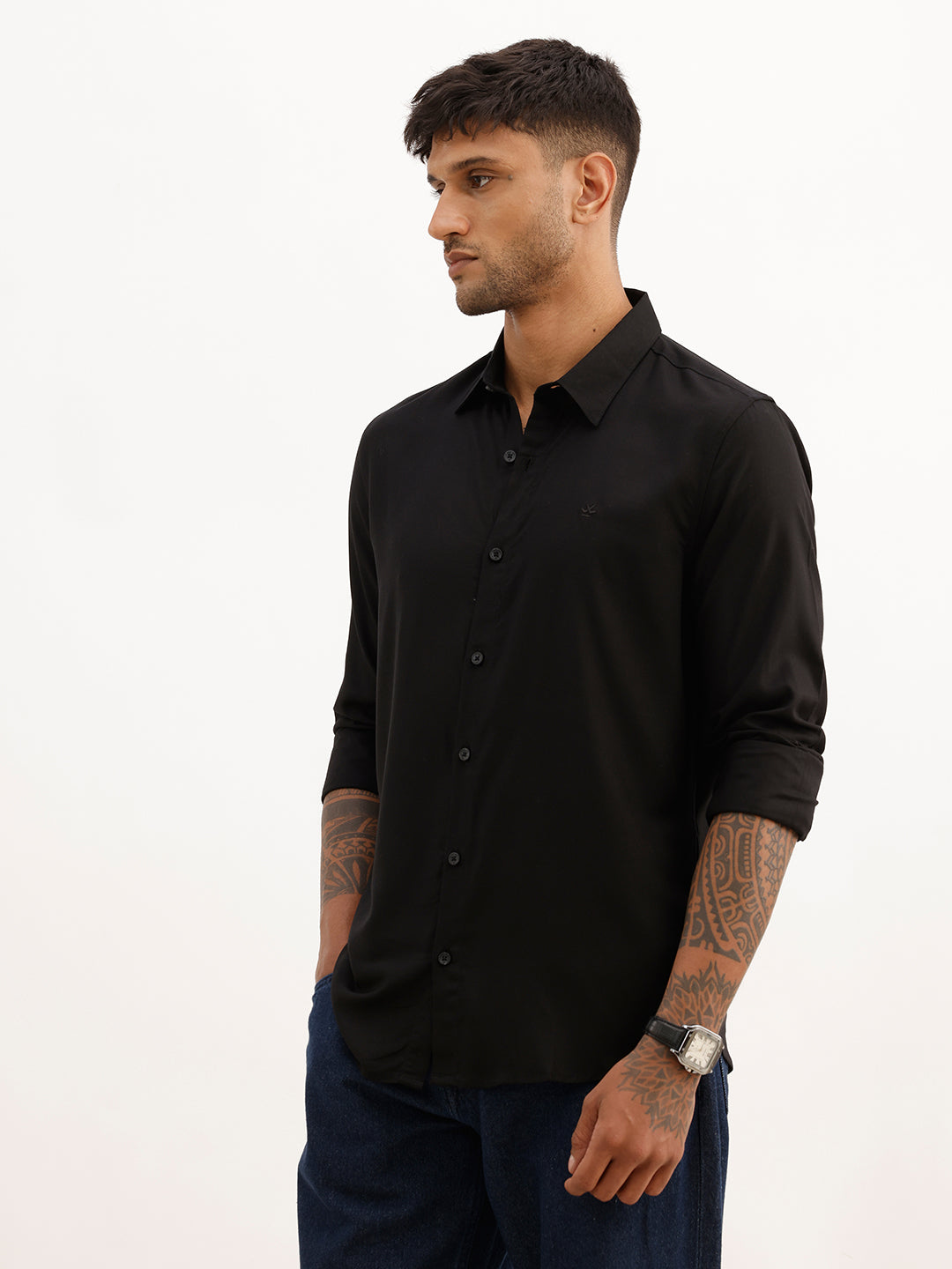 Slim Fit Solid Full Sleeve Shirt | Black | WSH02FSSL0273S