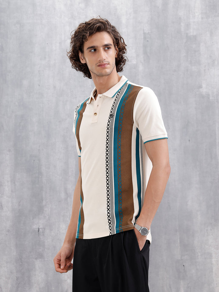 Cross-Stitch Inspired Printed Striped Slim Fit Shirt | Beige