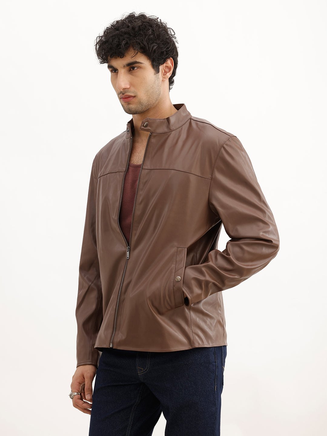 Solid Slim Fit Zipper Jacket | Brown