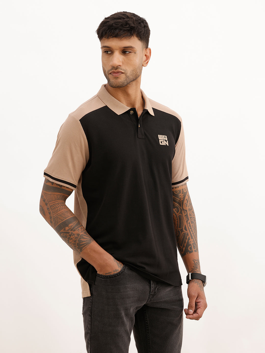 Slim Fit Panel Printed Polo T-Shirt | Beige