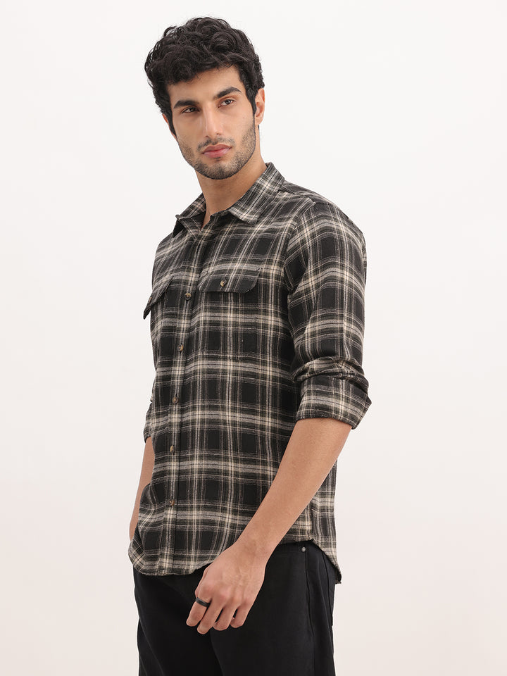 Checkered Slim Fit Double Pocket Shirt | Black