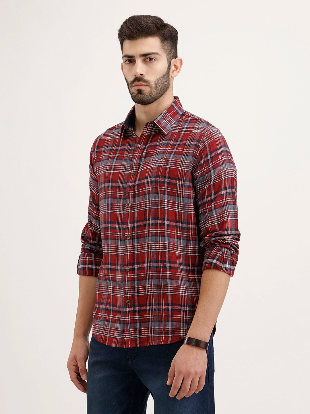 Textured Slim Fit Checkered Shirt | Maroon