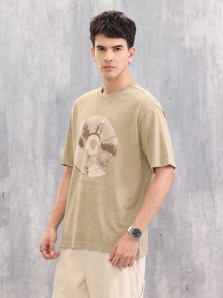 Retro Graphic Printed Oversized Fit Washed T-shirt | Khaki
