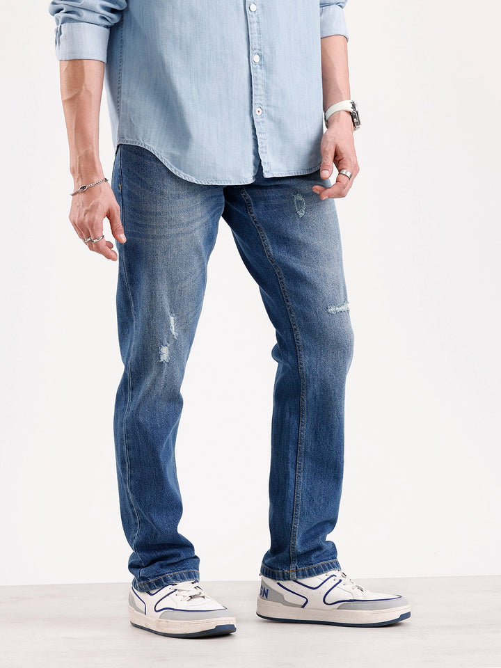 Distressed Straight Fit Denim Jeans   |  Blue