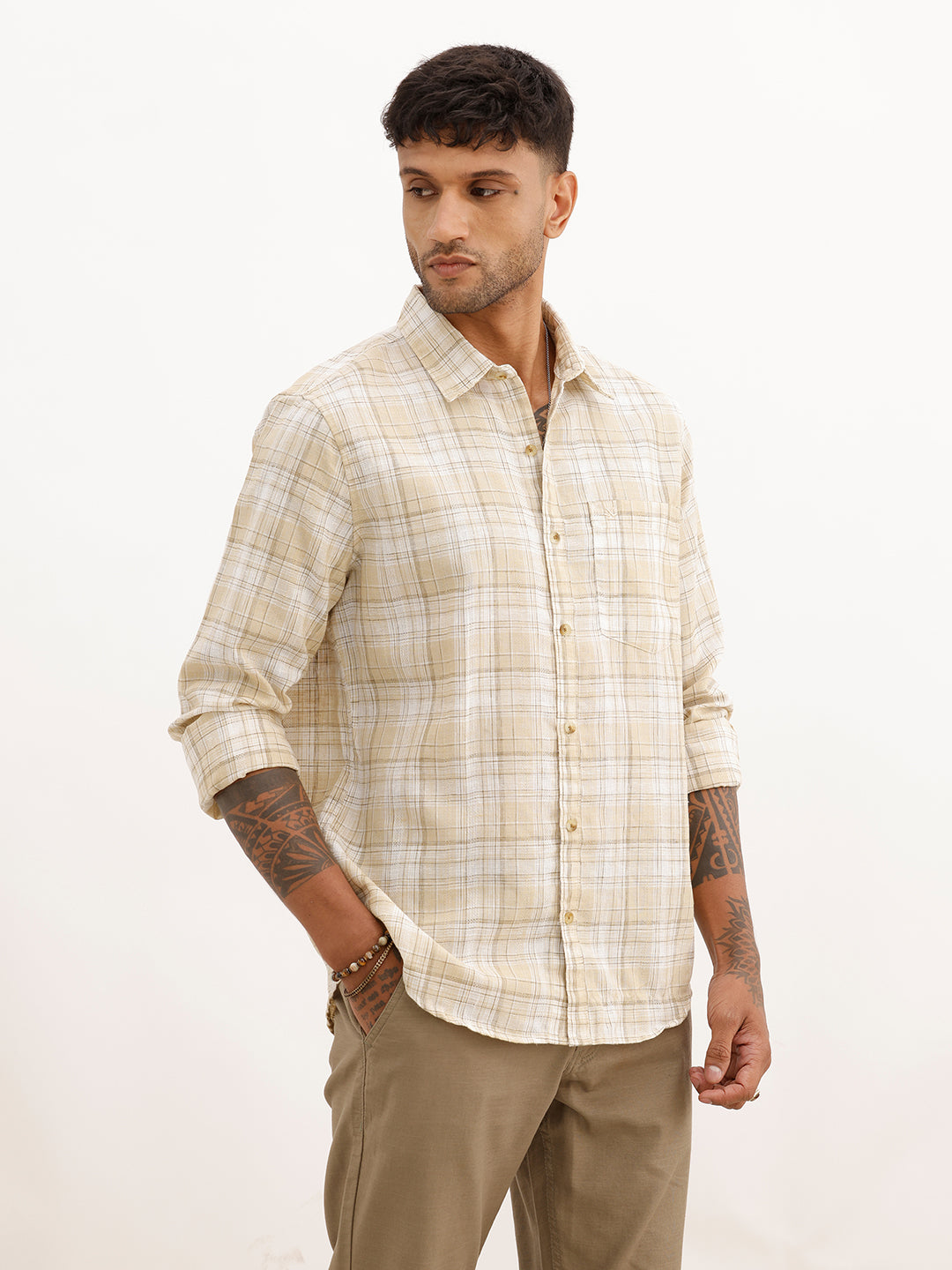 Regular Fit Full Sleeve Checkered Shirt | Beige