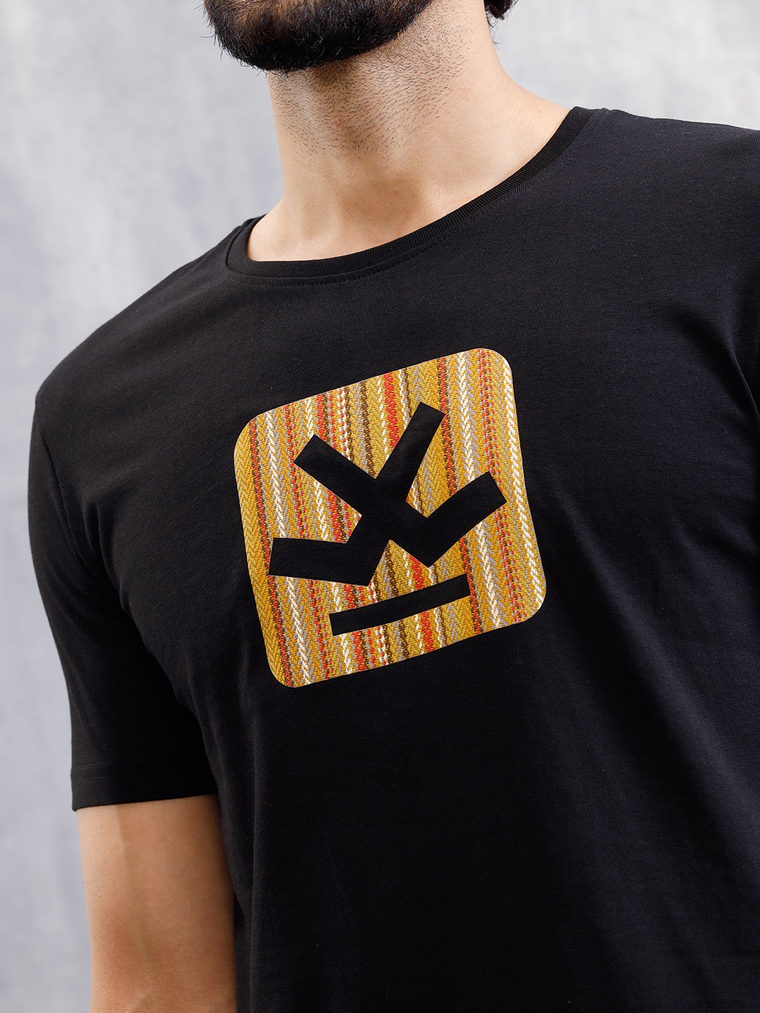 Textured Laser Cut Transfer Print Brand Carrier Crew Neck T-Shirt | Black