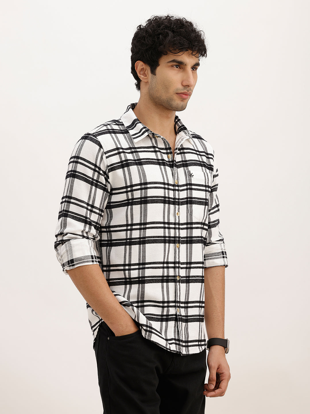 Slim Fit Checkered Full Sleeve Shirt | White