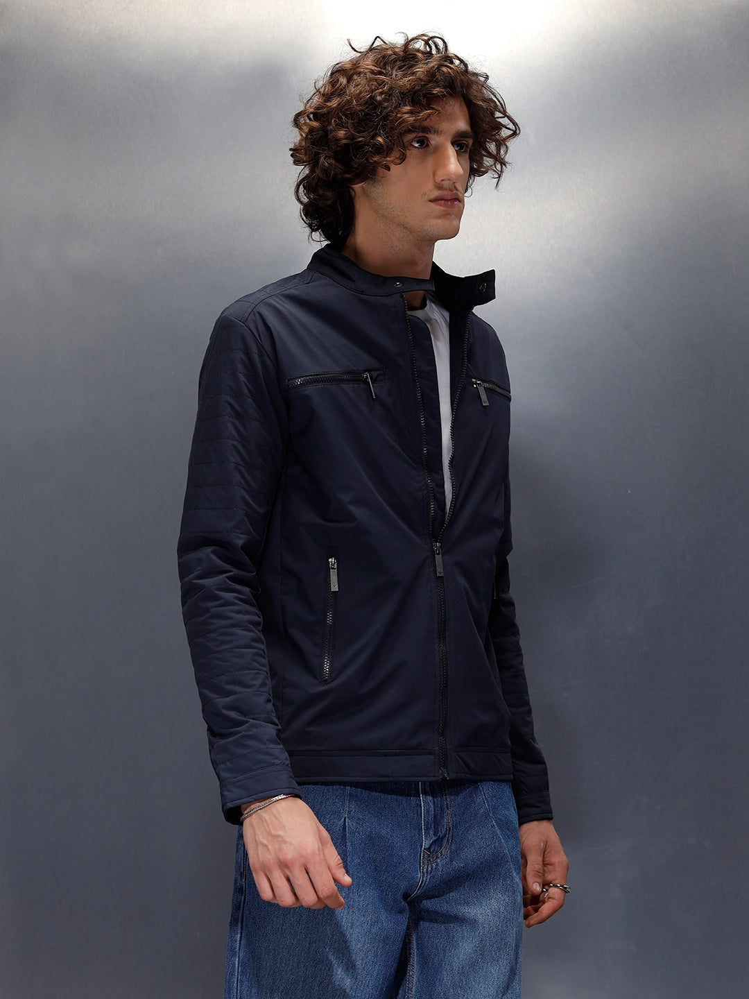Nylon Regular Fit Classic Biker Jacket | Navy Blue
