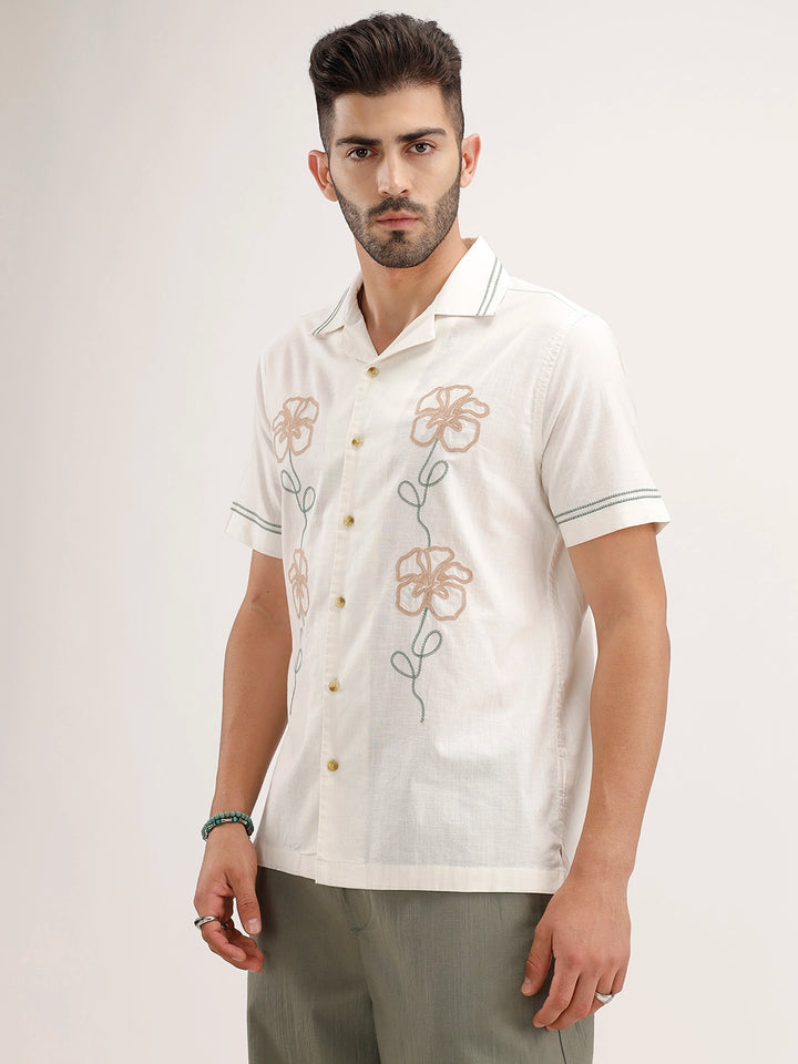 Slim Fit Emroidered Resort Collar Shirt | White