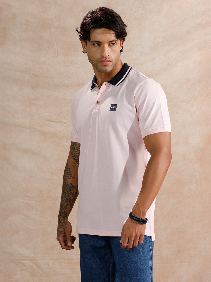 Contrast Striped Collar Polo T-Shirt | Light Pink
