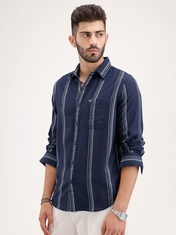 Men's Casual Striped Regular Fit Shirt  | Navy Blue