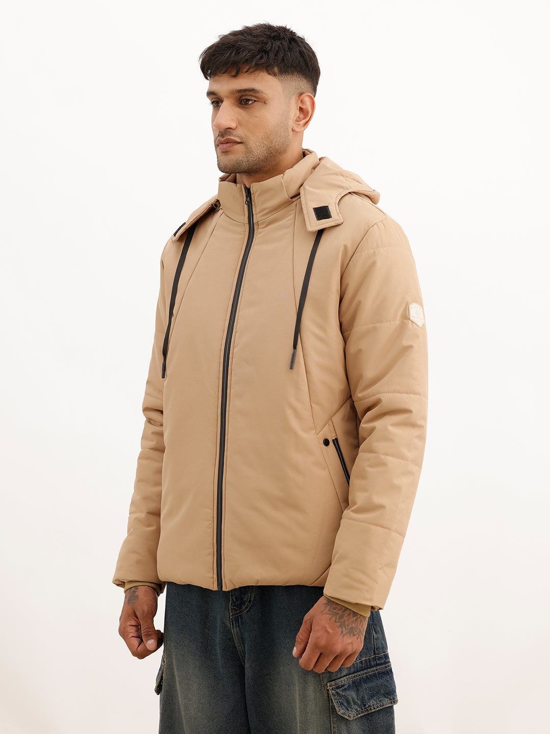 Solid Regular Fit Hooded Puffer Jacket | Beige