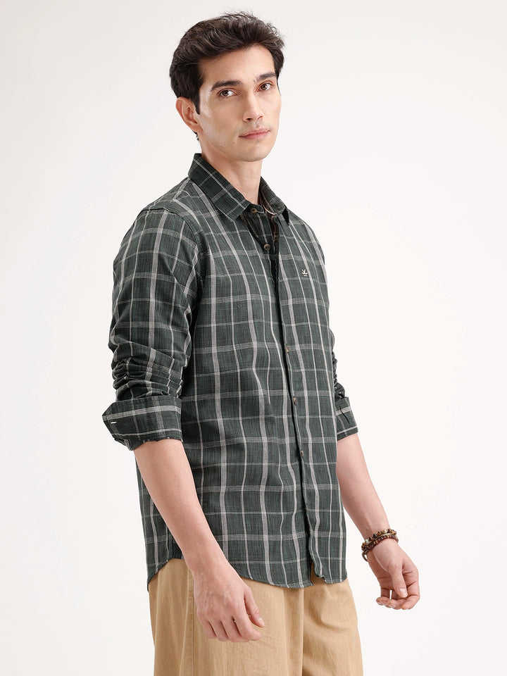 Slim Fit Checkered Linen Blend Shirt | Green