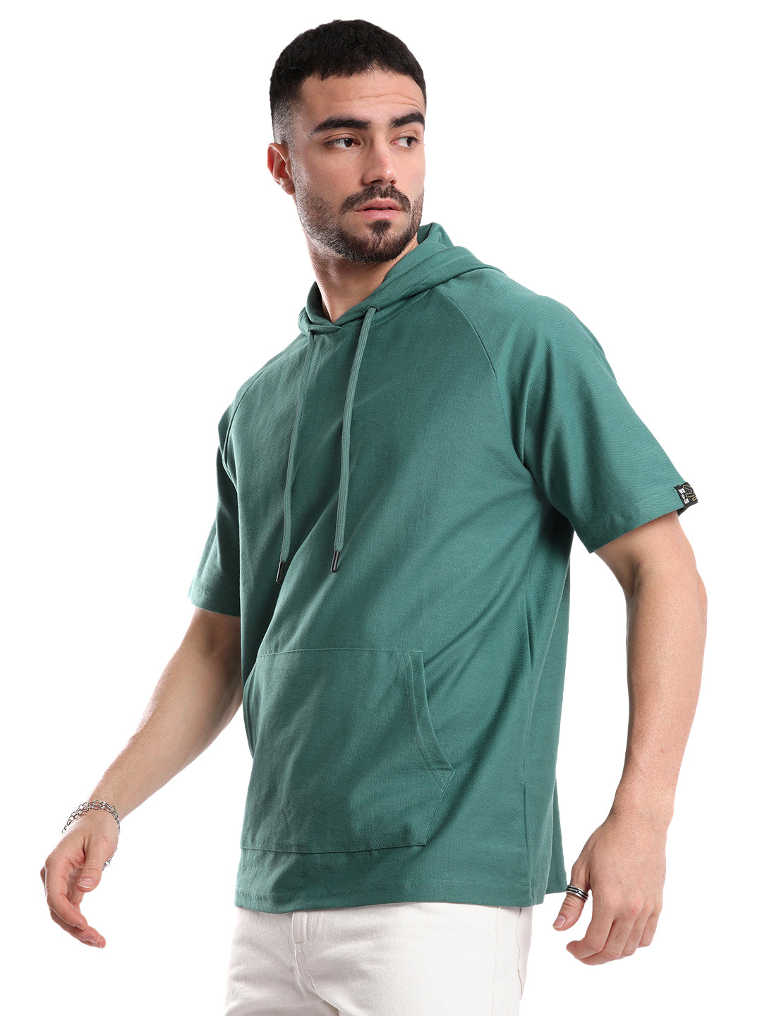 Solid Teal Half Sleeve Hooded T-Shirt